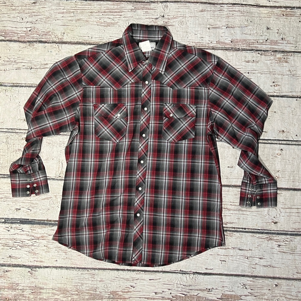 Wrangler Rancher Shirt Pearl Snap Cowboy Rockabilly Plaid Mens Top